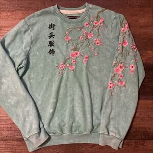 Blind Rooster Asian Cherry Blossom Roses Embroidered Sweatshirt Large Women’s